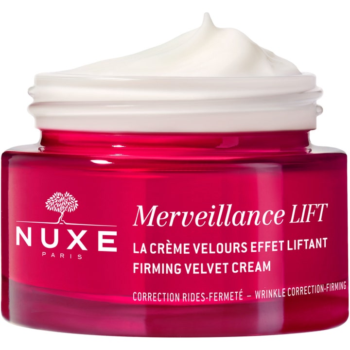 Nuxe Merveillance LIFT Firming Velvet Cream 50 ml oppstrammende dagkrem i rød glasskrukke med fyldig hvit tekstur