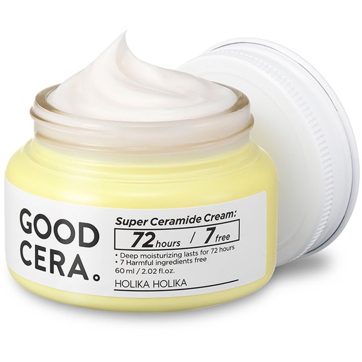 Holika Holika Good Cera Super Ceramide Cream 60 ml fuktighetsgivende ansiktskrem med keramider i gul krukke og hvit tekstur