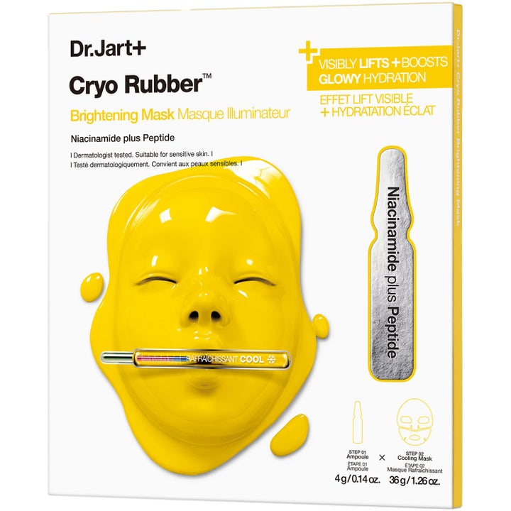 Dr. Jart+ Cryo Rubber Brightening Mask 4g og 36g gir glød med niacinamid i hvit eske med gult ansiktsmotiv.