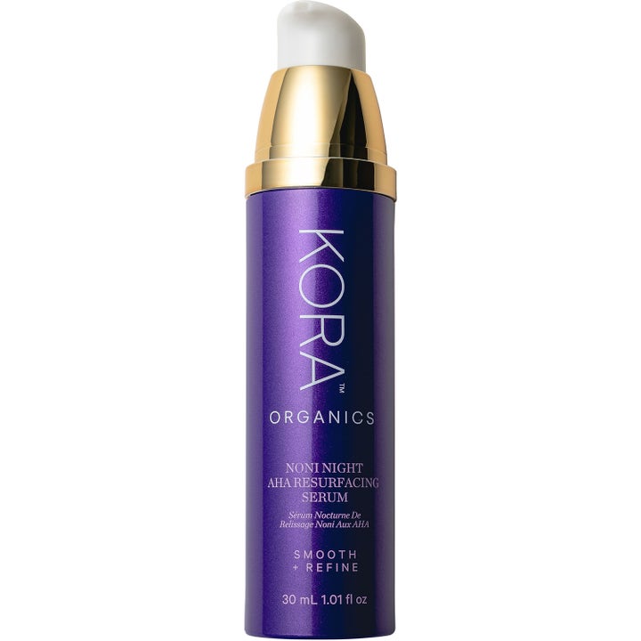 Kora Organics Noni Night AHA Resurfacing Serum 30 ml eksfolierende serum i lilla flaske med detaljer i gull