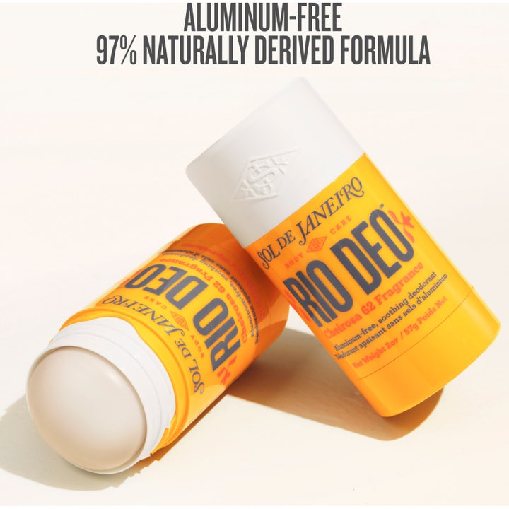 Sol de Janeiro Rio Deo 62 57 g aluminiumsfri deodorant i gul hylse med tekst om 98 % naturlige ingredienser og duft.