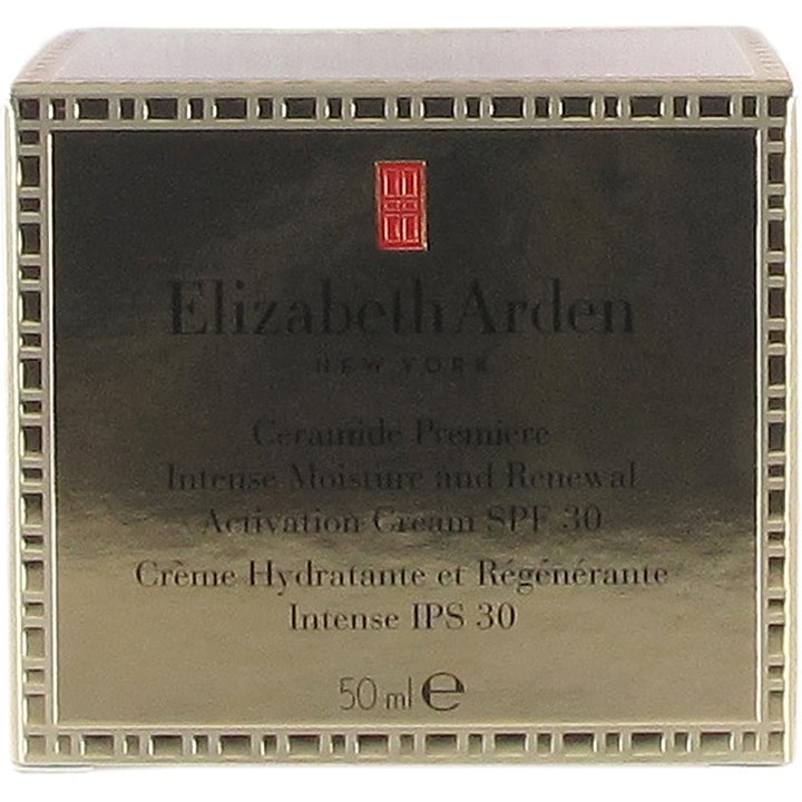 Elizabeth Arden Ceramide Premiere Activation SPF 30 Cream 50 ml solkrem i gullfarget eske som gir intens fukt