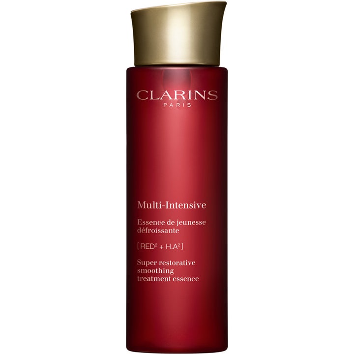 Clarins Multi-Intensive Treatment Essence 200ml utglattende ansiktsessens i dyp rød flaske med gullfarget kork