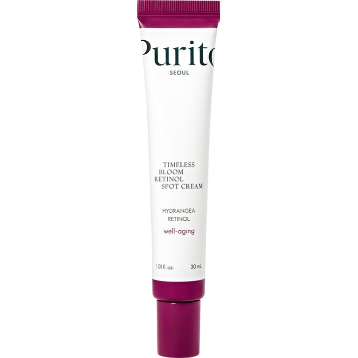 Purito Timeless Bloom Retinol Spot Cream 30 ml well-aging behandling i hvit tube med dyp lilla skrukork