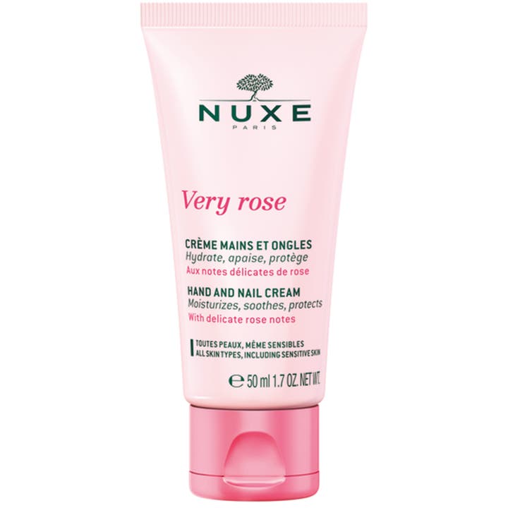 Nuxe Very Rose 50 ml håndkrem og neglekrem i lyserødt plasttube som gir fuktighet og pleie.
