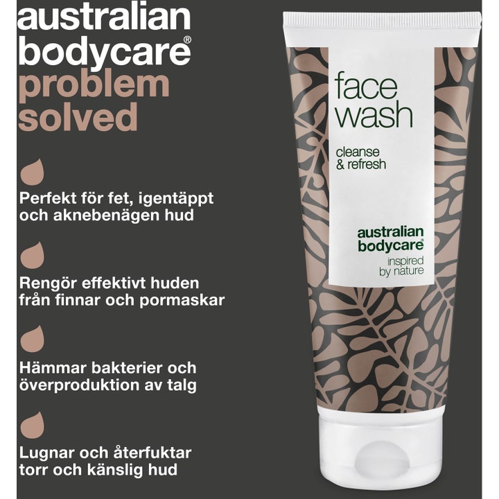 Australian Bodycare Face Wash 100 ml ansiktsrens mot kviser i hvit tube med brunt bladmønster og hvit etikett