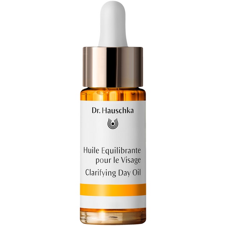 Dr. Hauschka Clarifying Day Oil 18 ml balanserende ansiktsolje som regulerer fet hud i glassflaske med hvit pipette.