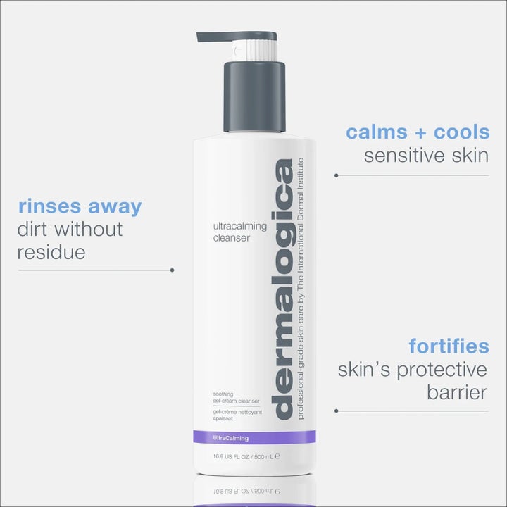 Dermalogica UltraCalming Cleanser 500 ml beroligende hudpleie i hvit pumpeflaske som fjerner smuss og kjøler sensitiv hud