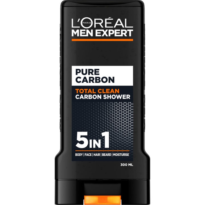 L'Oréal Men Expert Pure Carbon Total Clean 300ml rensende dusjsåpe i svart flaske med grafikk og oransje detalj