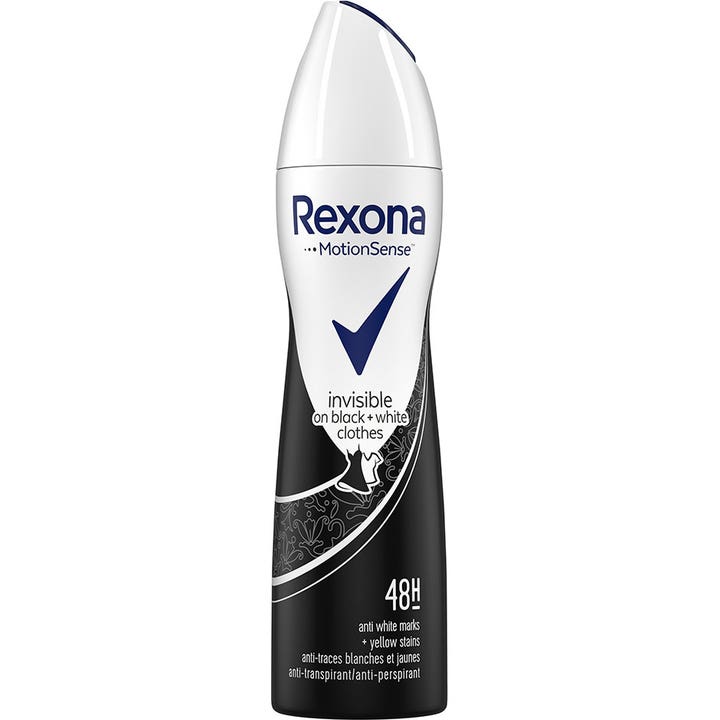 Rexona Deo Spray Black&White 150 ml antiperspirant mot flekker i hvit og svart flaske med blått hake-symbol.