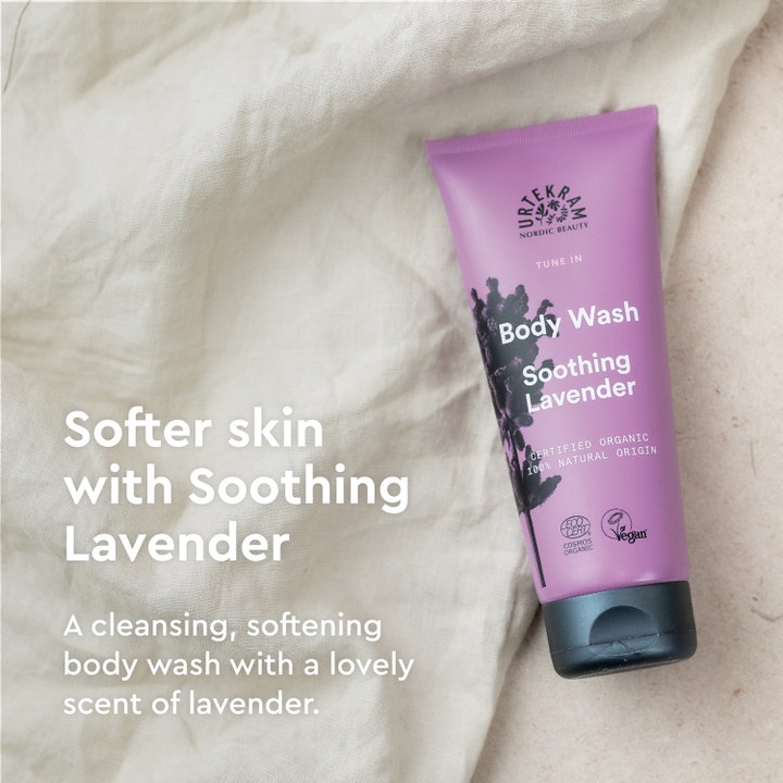 Urtekram Body Wash Soothing Lavender 200 ml beroligende vegansk dusjsåpe i lilla tube som gir myk hud og velvære.
