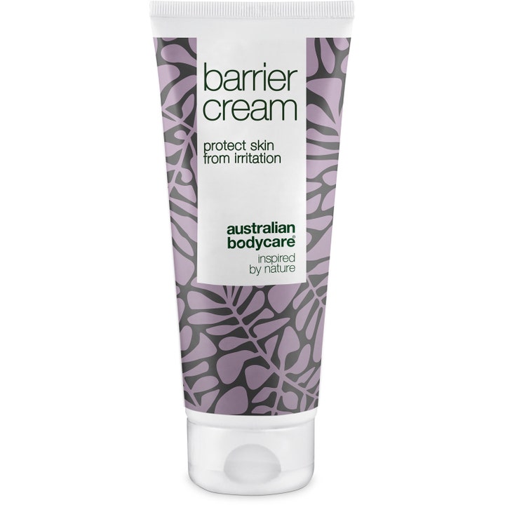 Australian Bodycare Barrier Cream barrierekrem i hvit tube med lilla bladmønster som beskytter huden mot irritasjon.