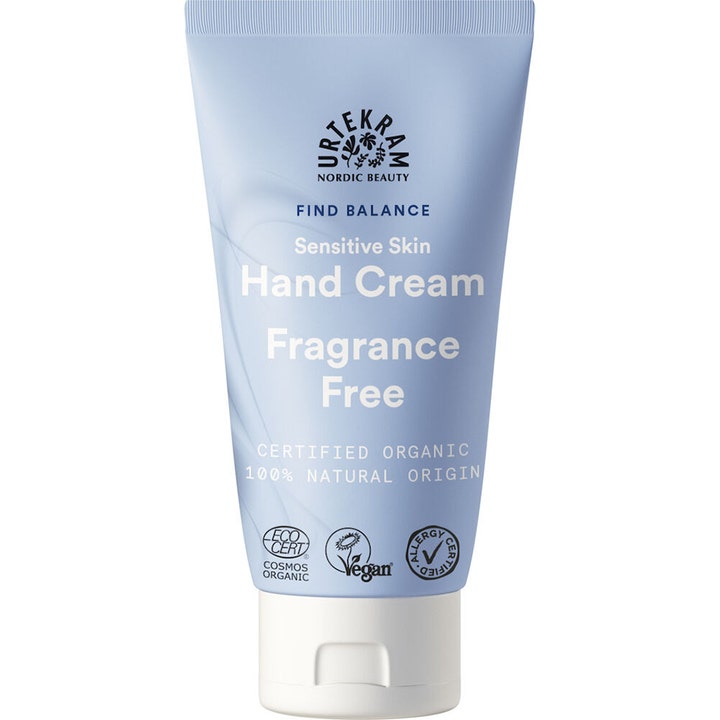 Urtekram Find Balance Sensitive Skin Hand Cream parfymefri handkrem for sensitiv hud i lyseblå tube med hvitt lokk