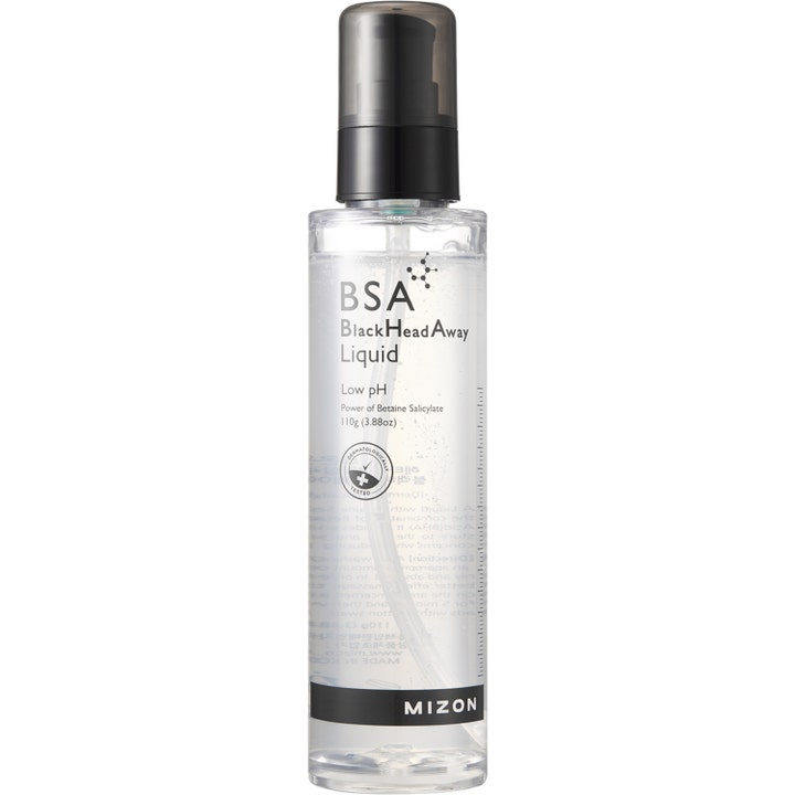 Mizon BSA Blackhead Away Liquid 110g eksfolierende ansiktsbehandling i gjennomsiktig pumpeflaske med sort dispenser