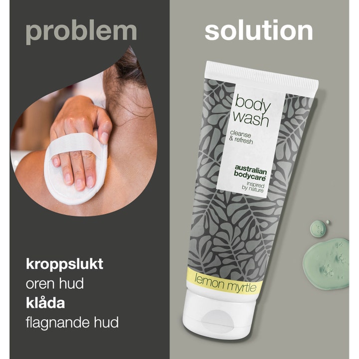 Australian Bodycare Body Wash Lemon Myrtle 200 ml gir renere hud vist med hvit tube og person som vasker ryggen.