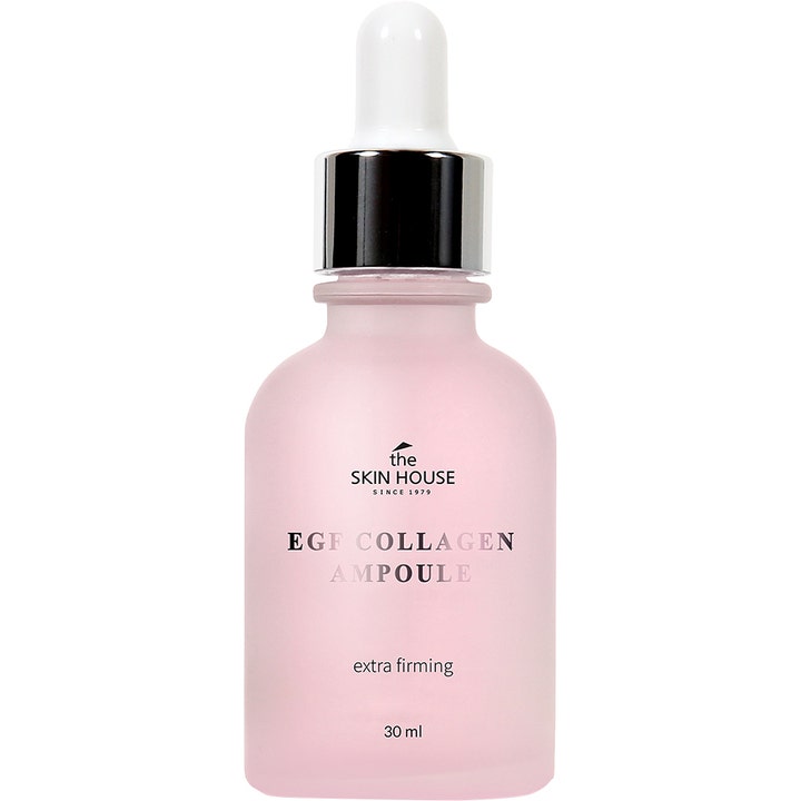 The Skin House EGF Collagen Ampoule 30 ml oppstrammende serum i rosa frostet glassflaske med sølvkork og hvit pipette