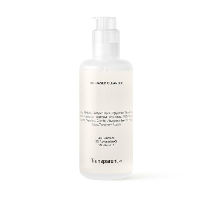 Transparent Lab Oil-Based Cleanser fuktighetsgivende rens med squalane i hvit frostet plastflaske med pumpe