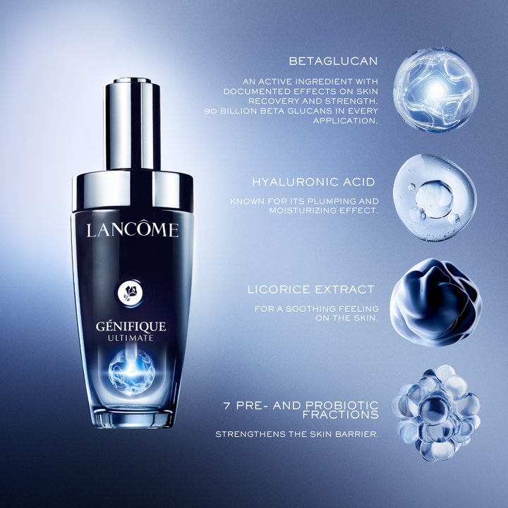 Lancôme Génifique Ultimate Serum 50 ml styrkende ansiktsserum i mørkeblå glassflaske med betaglukan og hyaluronsyre.