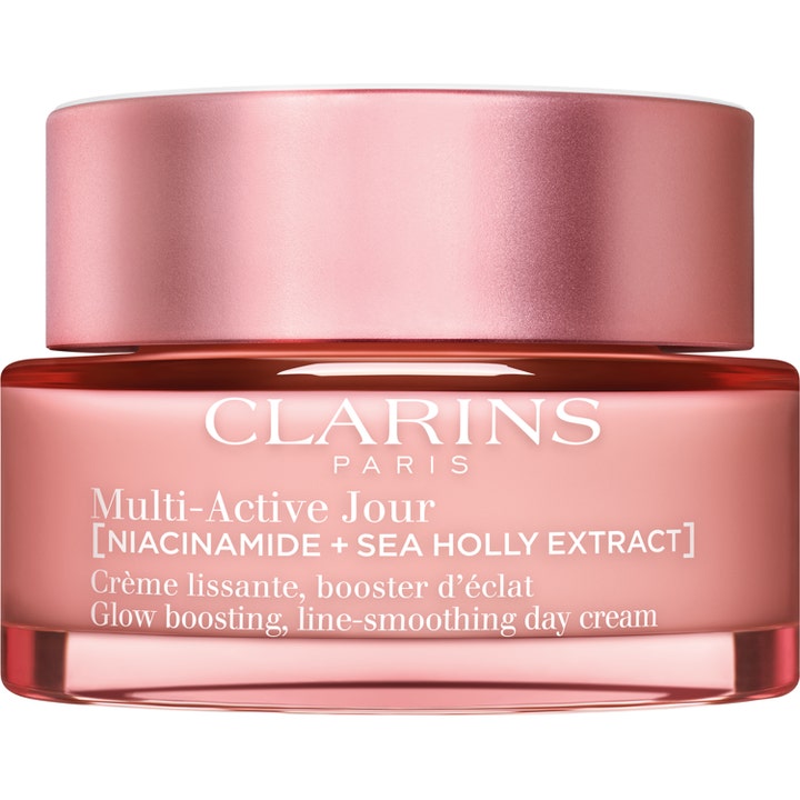 Clarins Multi-Active Jour 50 ml glattende dagkrem som gir glød i en elegant rosa glasskrukke med metallokk.
