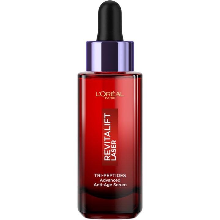 L'Oréal Paris Revitalift Laser Anti-Age Serum med tri-peptider i rød glassflaske med lilla kork og pipette