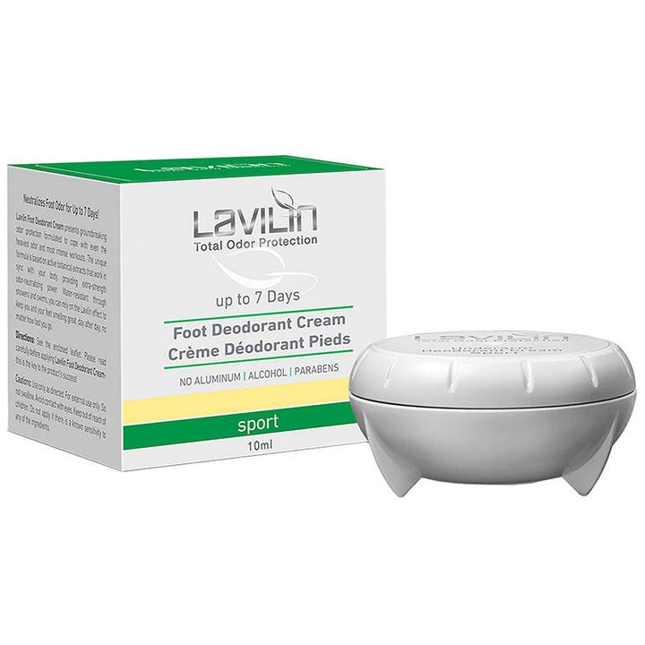 Lavilin Foot Deodorant Cream Sport 10ml mot dårlig lukt i hvit og grønn eske med rund krukke.