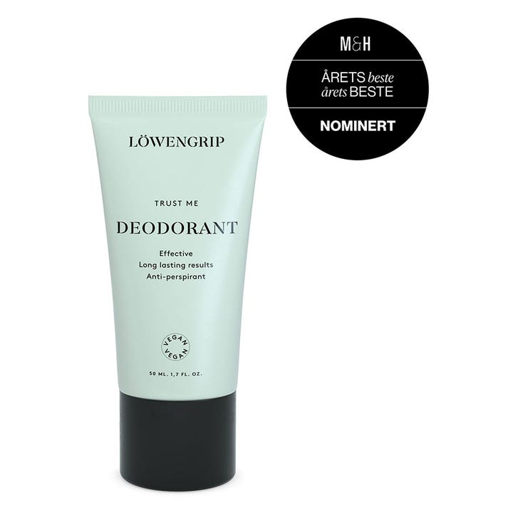 Löwengrip Trust Me Deodorant 50 ml anti-perspirant i lysegrønn tube med svart kork og prisnominering.
