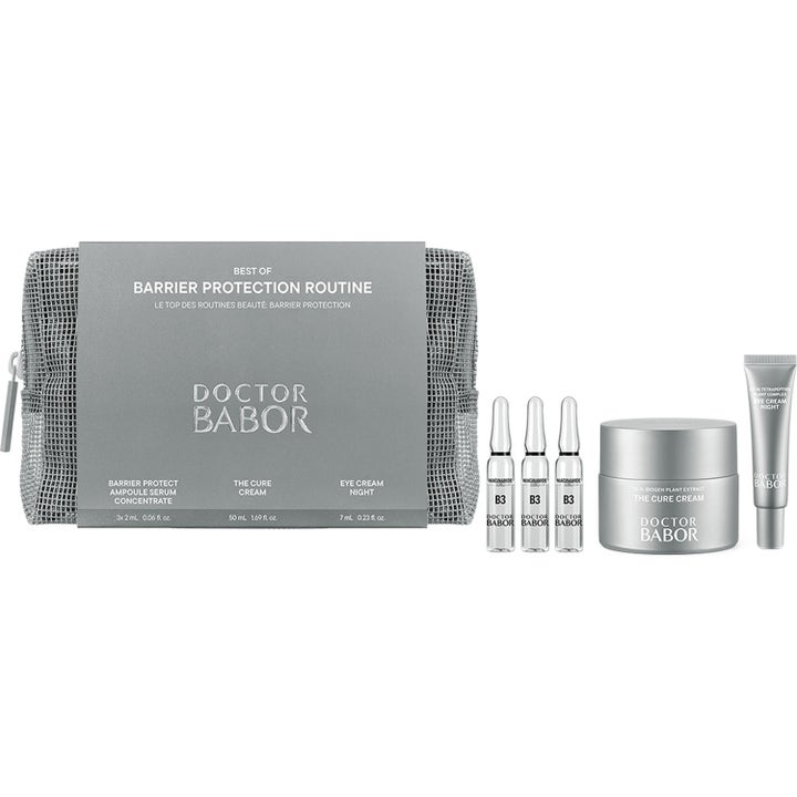 Doctor Babor Best of Barrier Protection Routine styrkende sett med ampuller, ansiktskrem og øyekrem i grå nettingmappe.