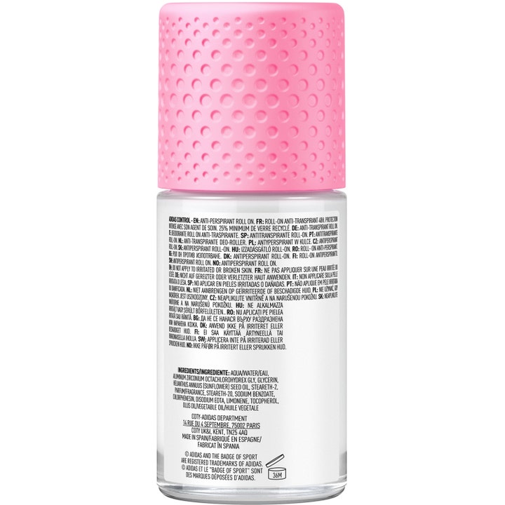 Adidas Cool & Care For Her Roll-on Deodorant 50 ml pleiende beskyttelse baksiden av flasken med rosa teksturert kork