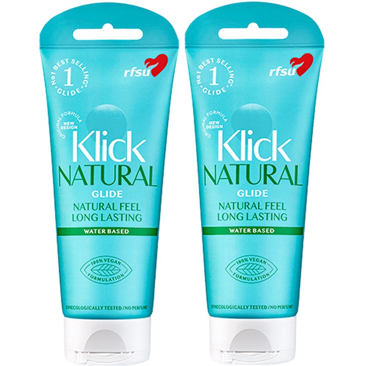RFSU Klick Natural Glide 2-pakning vannbasert glidemiddel gir naturlig følelse i to turkise tuber