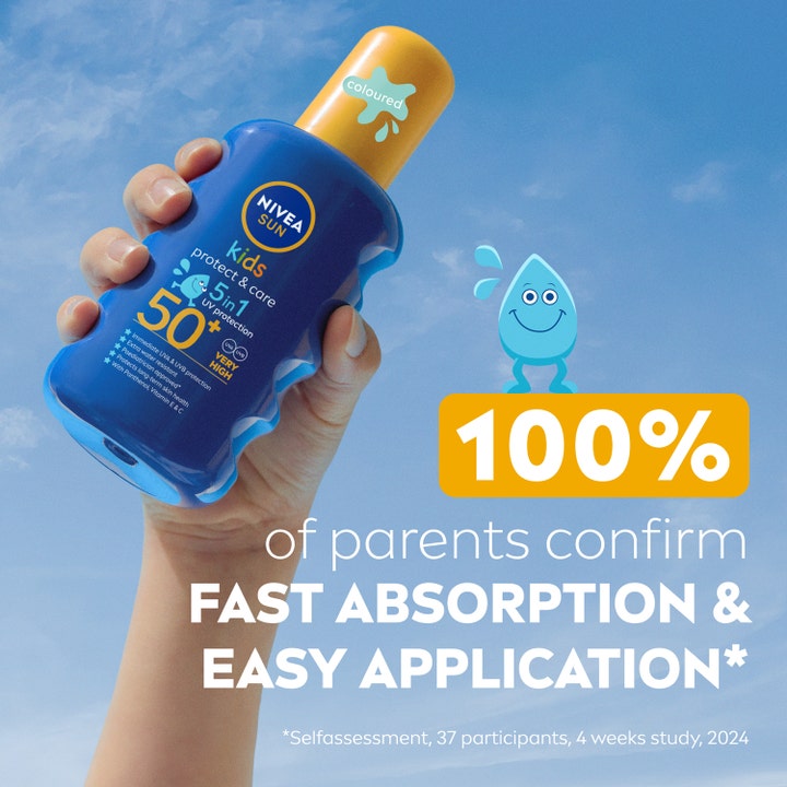 NIVEA Sun Protect & Care Kids Spray SPF50+ 200 ml solkrem i blå sprayflaske som gir rask absorpsjon og enkel påføring.