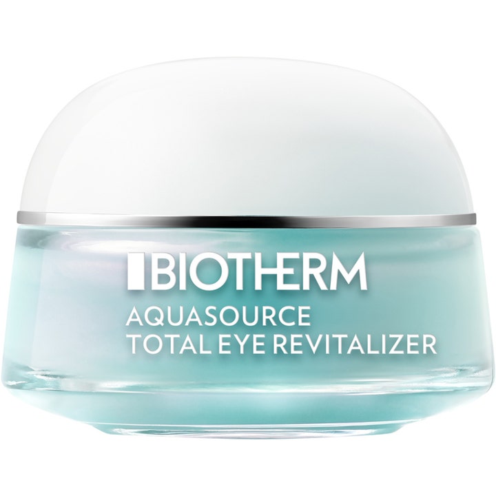 Biotherm Aquasource Total Eye Revitalizer øyekrem for våkne øyne i en lyseblå glasskrukke med hvitt lokk og sølvrand.