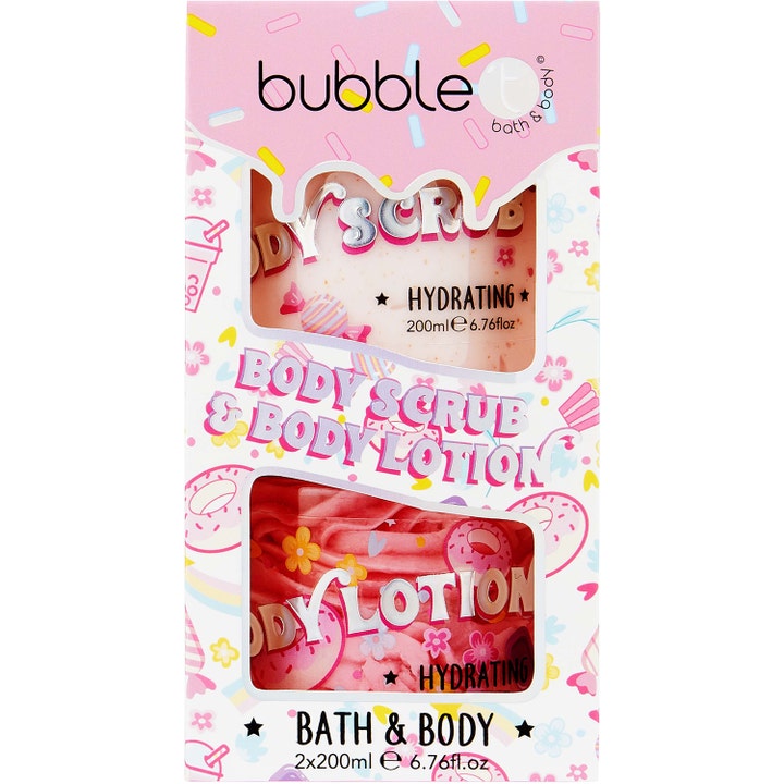 Bubble T Body Scrub & Body Lotion 2x200ml fuktighetsgivende sett i rosa eske med fargerikt strøssel og søtsaker