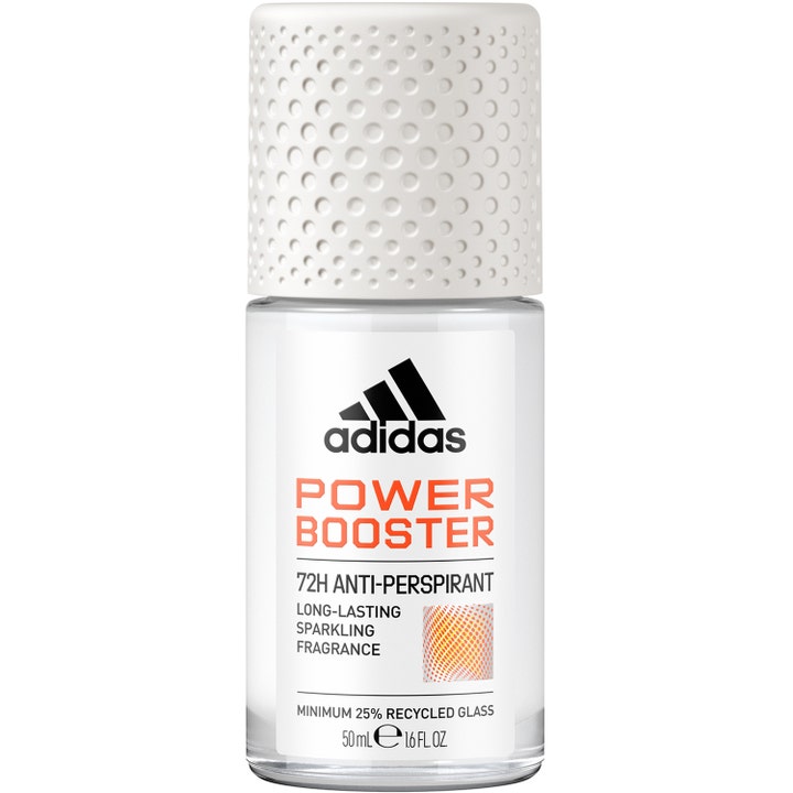 Adidas Power Booster 50 ml antiperspirant roll-on i glassflaske med hvit teksturert kork og detaljer i oransje