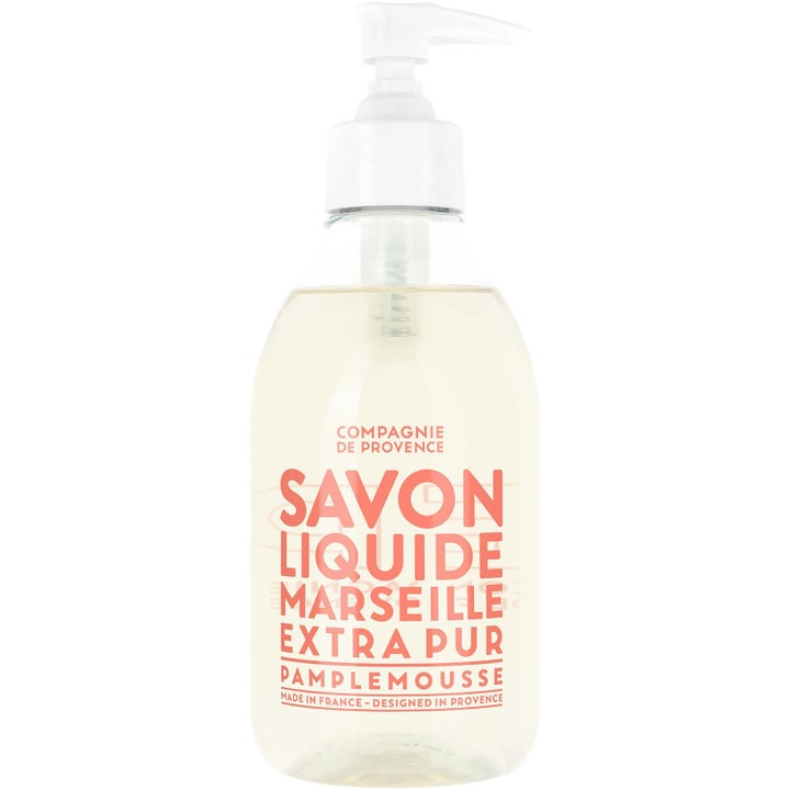 Compagnie de Provence Savon Liquide Marseille 500 ml frisk flytende såpe i klar pumpeflaske med korallfarget tekst