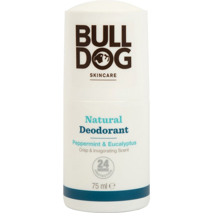 Bulldog Natural Deodorant Peppermint & Eucalyptus 75 ml frisk deodorantstift i hvit hylse med blå og grønn tekst.