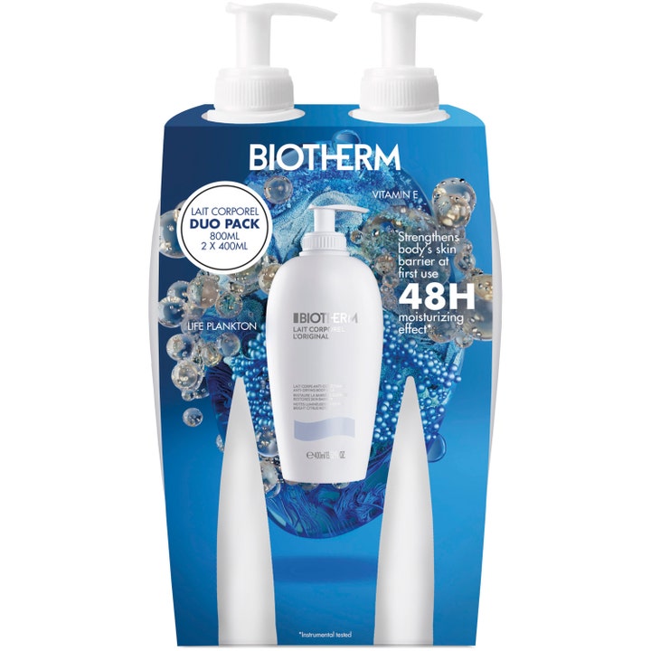 Biotherm Lait Corporel Duo Pack 800ml fuktighetsgivende bodylotion med vitamin E i hvite pumpeflasker med blått design