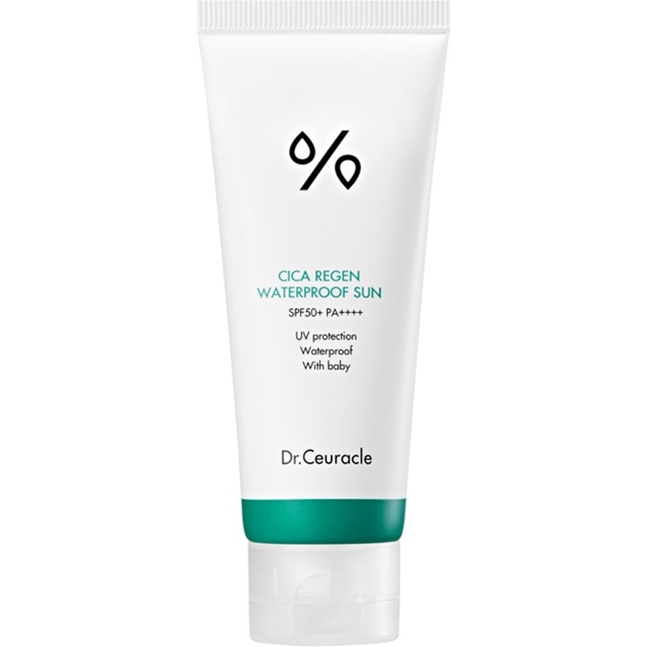 Dr.Ceuracle Cica Regen Waterproof Sun SPF50+ beroligende solkrem i hvit tube med grønn bunn og hvit kork