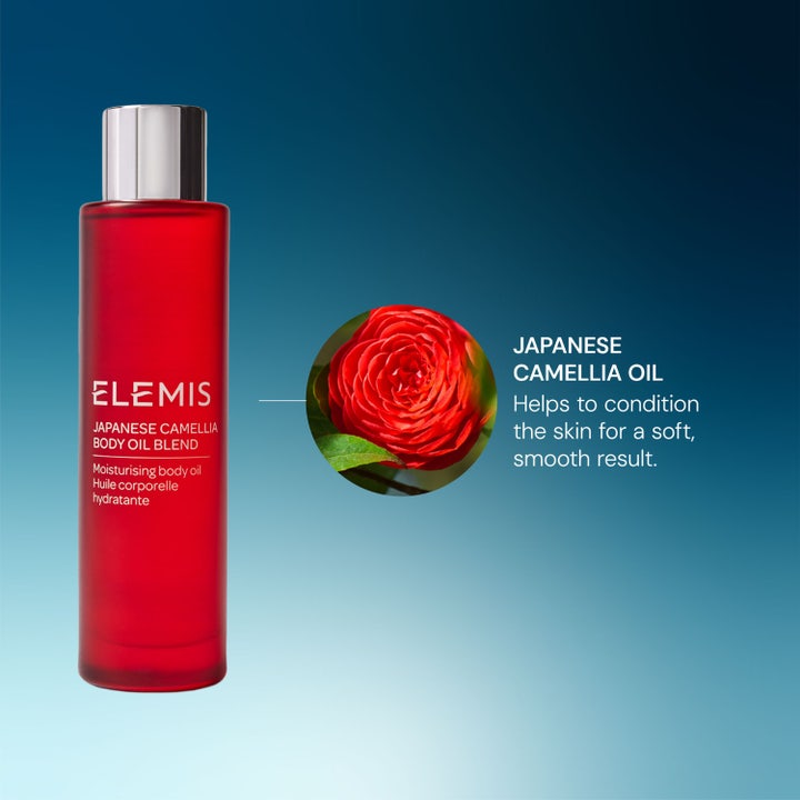 Elemis Japanese Camellia Oil Blend 100 ml kroppsolje som gir myk hud i rød flaske med dekorativ rød kameliablomst