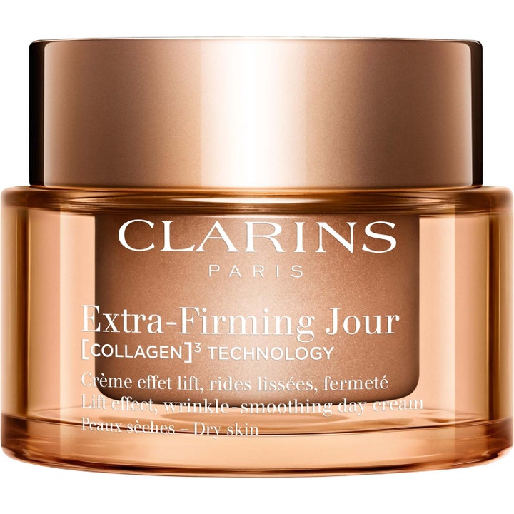Clarins Extra-Firming Jour 50ml oppstrammende dagkrem med kollagen i en luksuriøs bronsefarget glasskrukke.