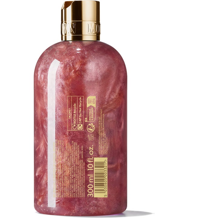 Molton Brown Rose Dunes Bath & Shower Gel 300 ml dusjsåpe med skimrende rosa gelé synlig fra baksiden av flasken
