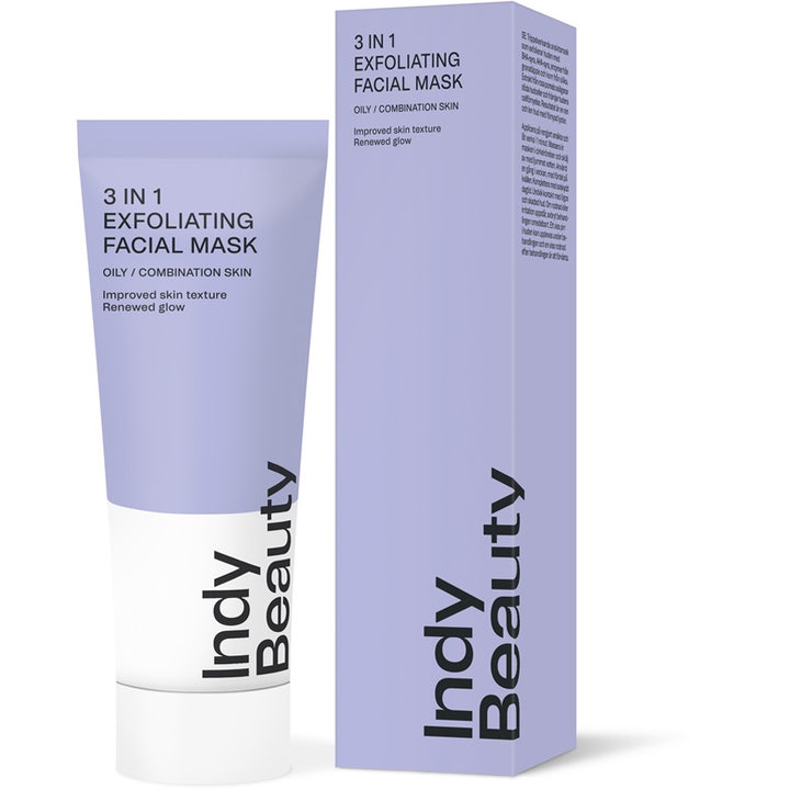 Indy Beauty 3 in 1 exfoliating facial mask 75 ml eksfolierende ansiktsmaske i lilla tube og eske som gir glød