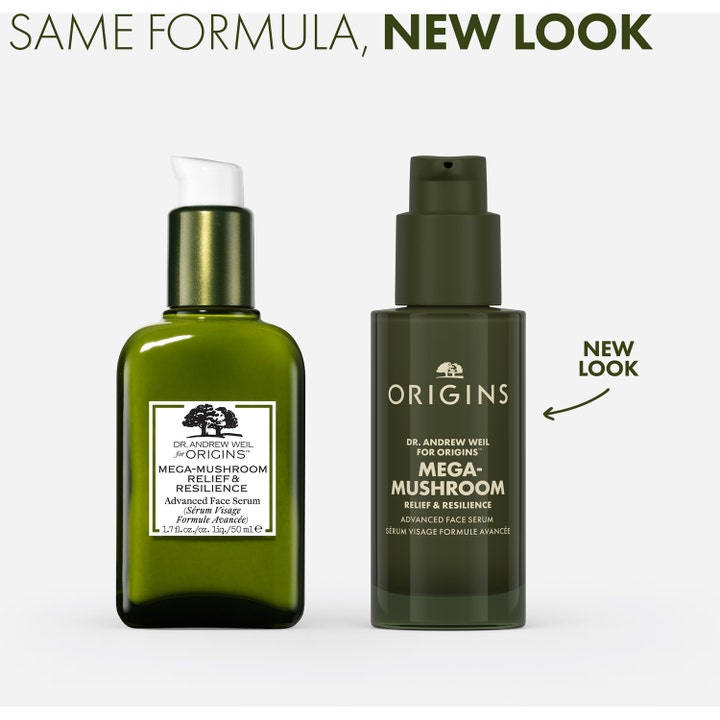 Origins Dr. Weil Mega-Mushroom Face Serum 50 ml beroligende serum i gammel og ny flaske med teksten New Look