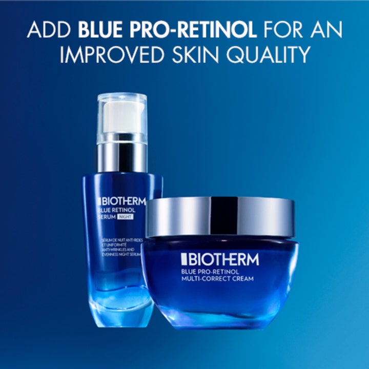 Biotherm Blue Retinol Serum Night 30 ml nattserum i blå glassflaske ved siden av ansiktskrem med sølvlokk