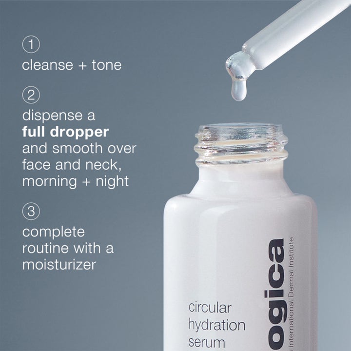 Dermalogica Circular Hydration Serum 59 ml fuktighetsgivende ansiktsserum i hvit flaske med pipette som drypper