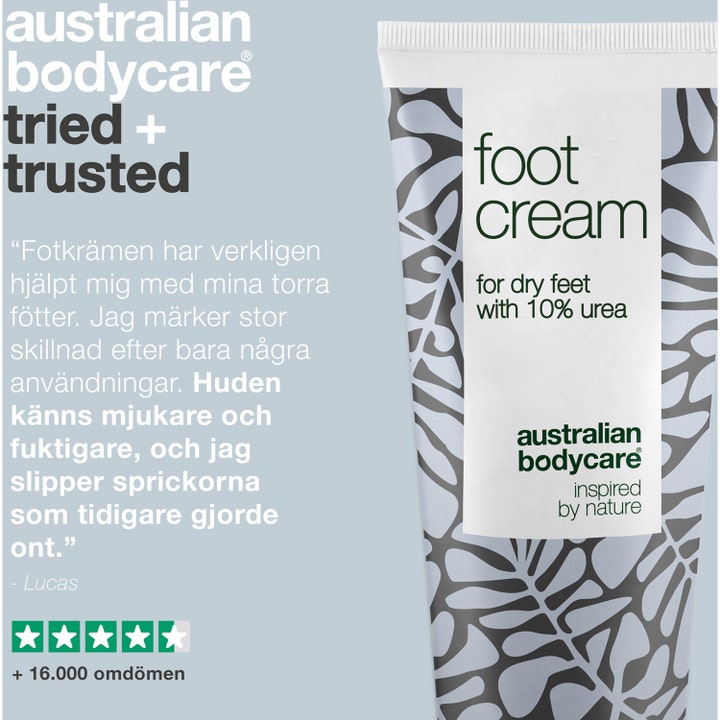 Australian Bodycare Foot Cream 100 ml mot tørre føtter i hvit tube med 10 % urea og grått bladmønster.