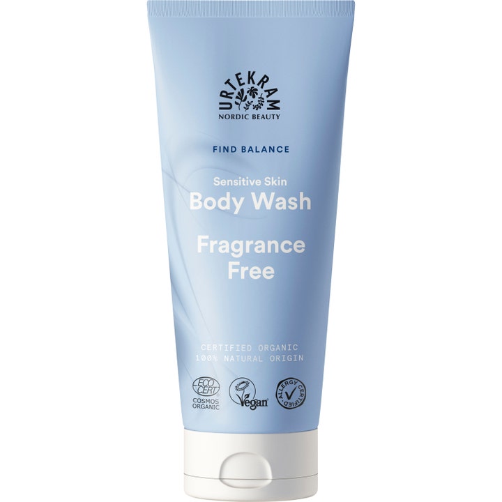 Urtekram Fragrance Free Body Wash 200 ml parfymefri kroppsvask for sensitiv hud i en lyseblå tube med hvit kork