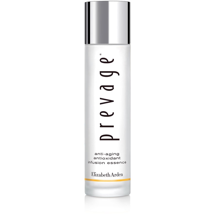 Elizabeth Arden Prevage Anti-aging Antioxidant Infusion Essence beskyttende ansiktsessens i hvit frostet flaske med sølvlokk.