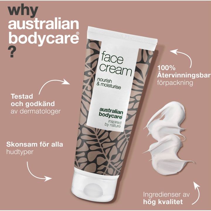 Australian Bodycare Face Cream 100 ml pleiende ansiktskrem på hvit tube med bladmønster og hvit kremet tekstur.