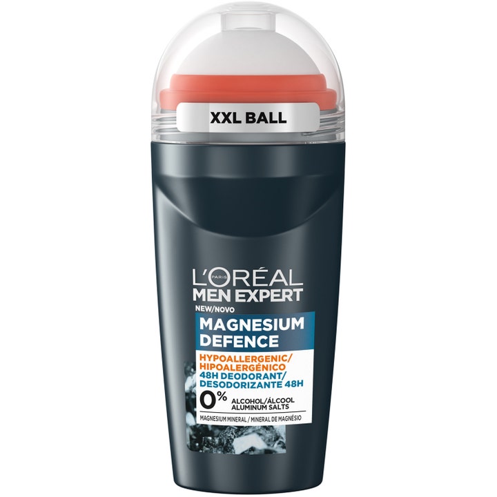 L'Oréal Men Expert Magnesium Defence 50ml roll-on beskytter sensitiv hud i mørkegrå flaske med stor hvit XXL kule.
