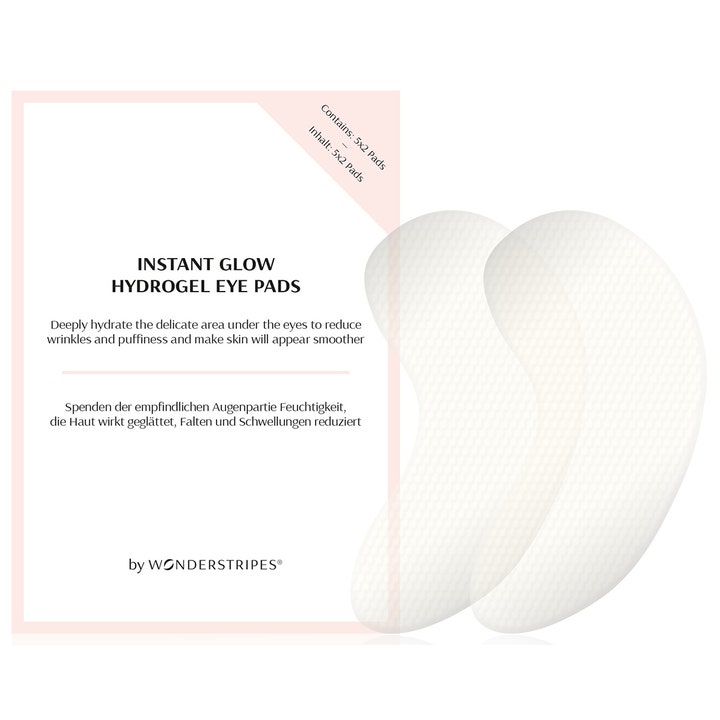 Wonderstripes Instant Glow Hydrogel Eye Pads 5 par øyemaske som gir fukt med hvite pads vist ved rosa pakning.